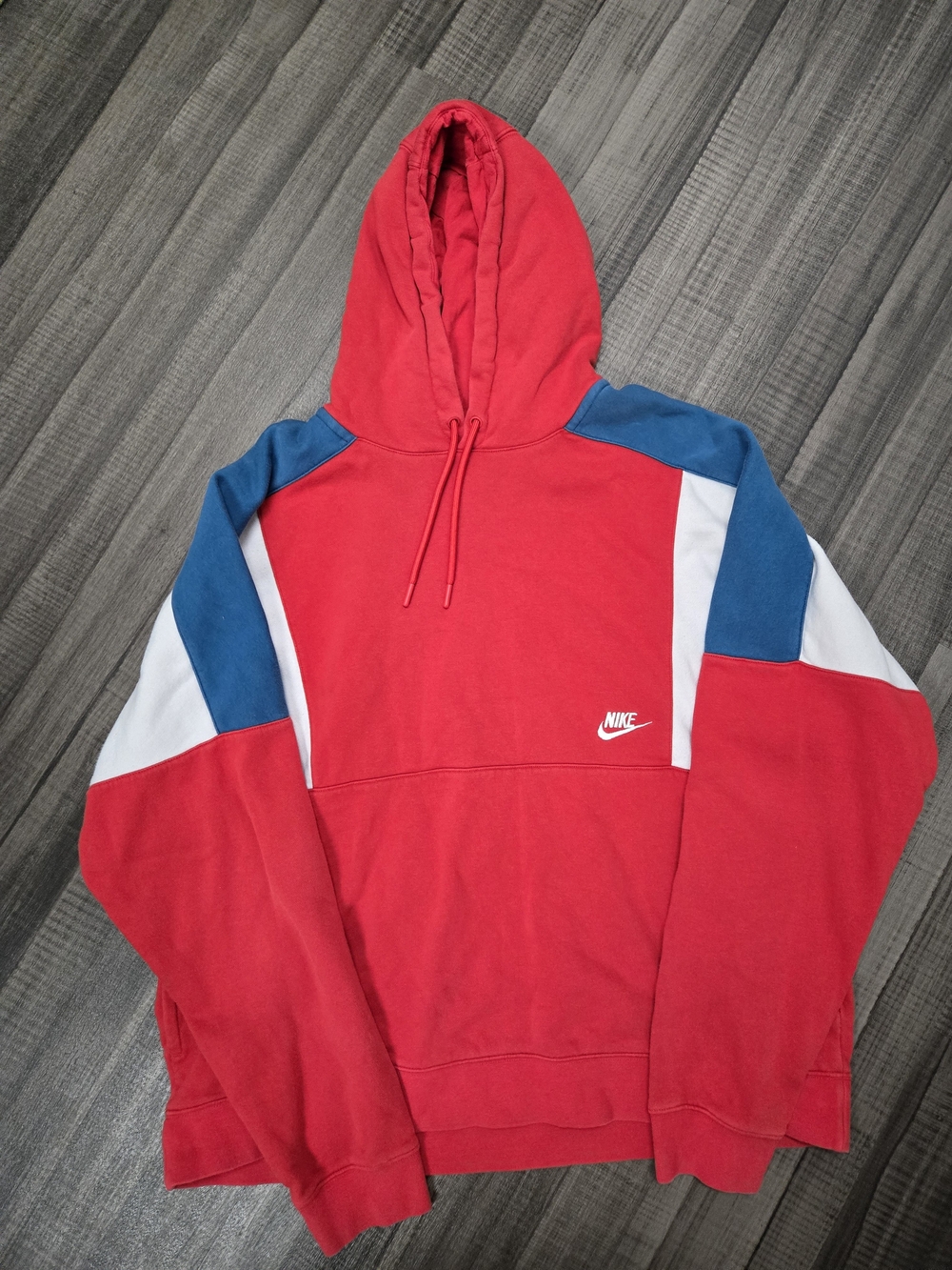 Vintage Nike Men’s Red Hoodie with Blue & White Panels Size Extra Large